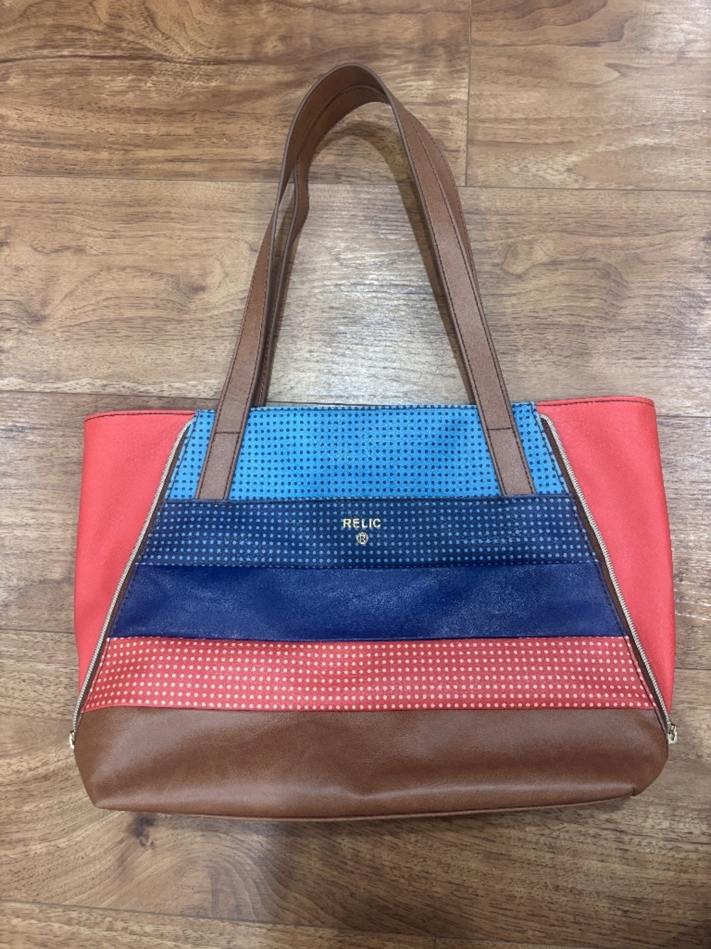 NWOT Relic Patchwork Tote Bag Blue Red Brown Dotted Pattern Shoulder Purse